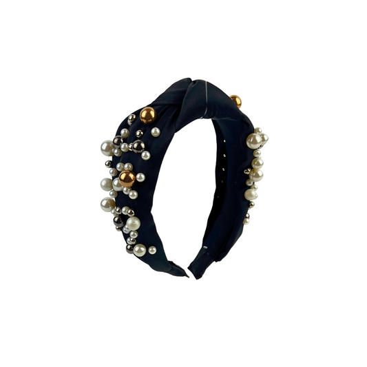 Black Topknot Headband with Pearls in Gold and Cream