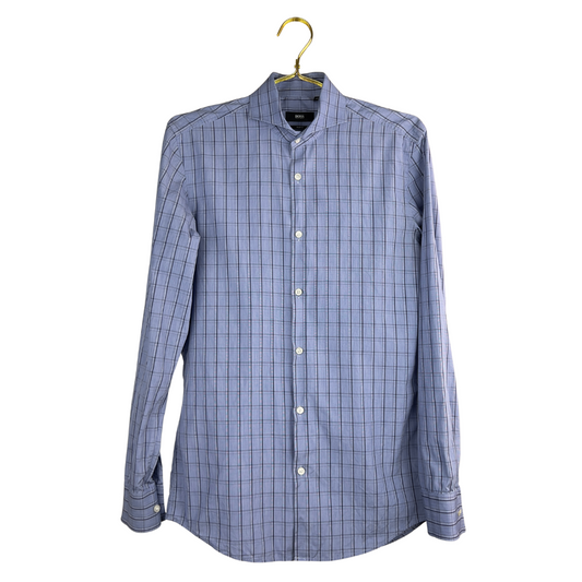 Hugo Boss Blue Check Dress Shirt Spread Collar