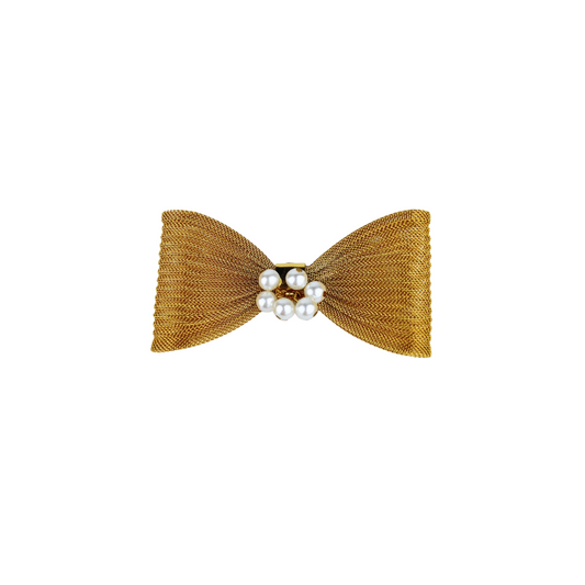 Gold Mesh Bow Brooch with Pearls