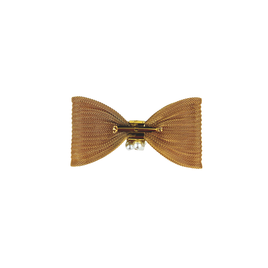 Gold Mesh Bow Brooch with Pearls