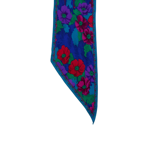 Long Rectangular Navy Scarf with Blue Border and Multi Color Flowers