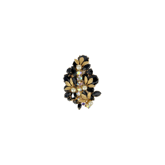 Vintage Leaf Brooch mad of Black Crystal with Gold and Pearls