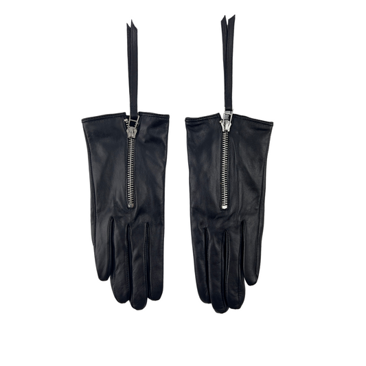 Black Leather Gloves with Center Zip and Tag