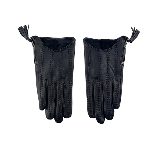 Black Leather Half Gloves with Topstitch and Side Tassel