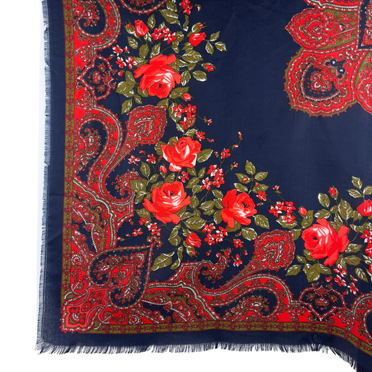 Navy/Red Paisely and Rose Square Scarf with Raw Edges