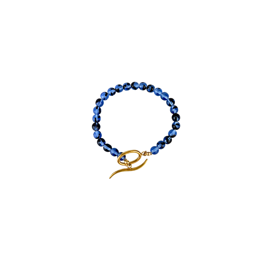 Navy Glass Bead Bracelet with Gold Toggle