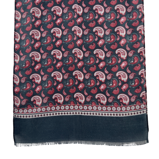 Charcoal Scarf with Red Paisley Print and Black Border at each hem