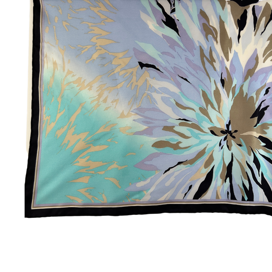 Square Scarf with Black Border and Blue Abstract Flowers