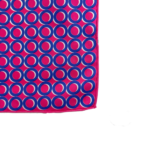 Long Silky Neck Scarf in Hot Pink with Blue Repeated Circle Print