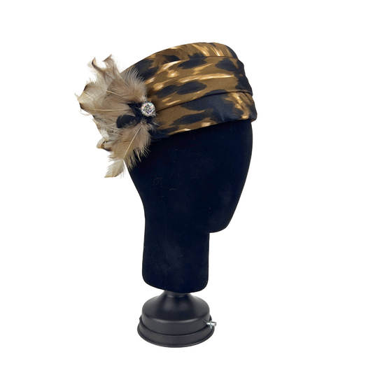 Vintage Leopard Satin Pillbox Hat with Feather