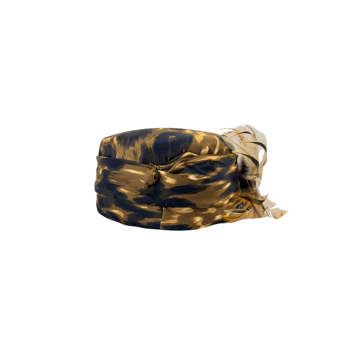 Vintage Leopard Satin Pillbox Hat with Feather